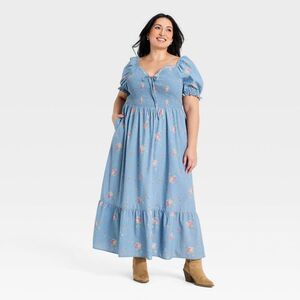 Universal Thread - Women's Western Puff Short Sleeve Smocked Midi A-L Blue